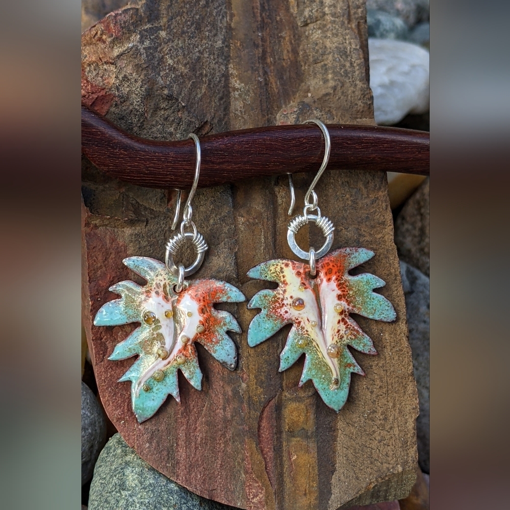 Hand Crafted Sterling Silver Earrings Artisan Leaf Charm Wire Wrap Hoop - Picture 13 of 15